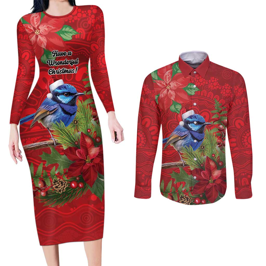 Aussie Superb Fairywren Bird Couples Matching Long Sleeve Bodycon Dress and Long Sleeve Button Shirt Aboriginal Inspired Christmas - Aussie Hoodie