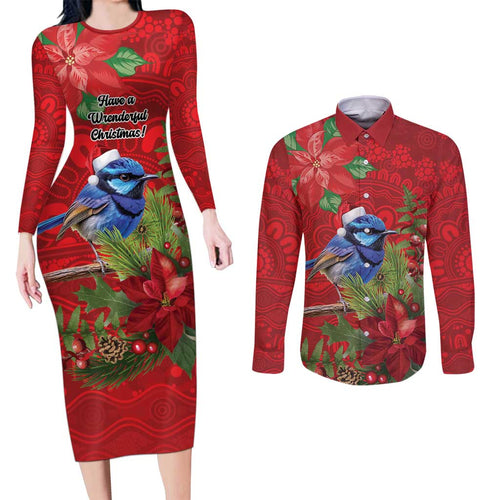 Aussie Superb Fairywren Bird Couples Matching Long Sleeve Bodycon Dress and Long Sleeve Button Shirt Aboriginal Inspired Christmas - Aussie Hoodie