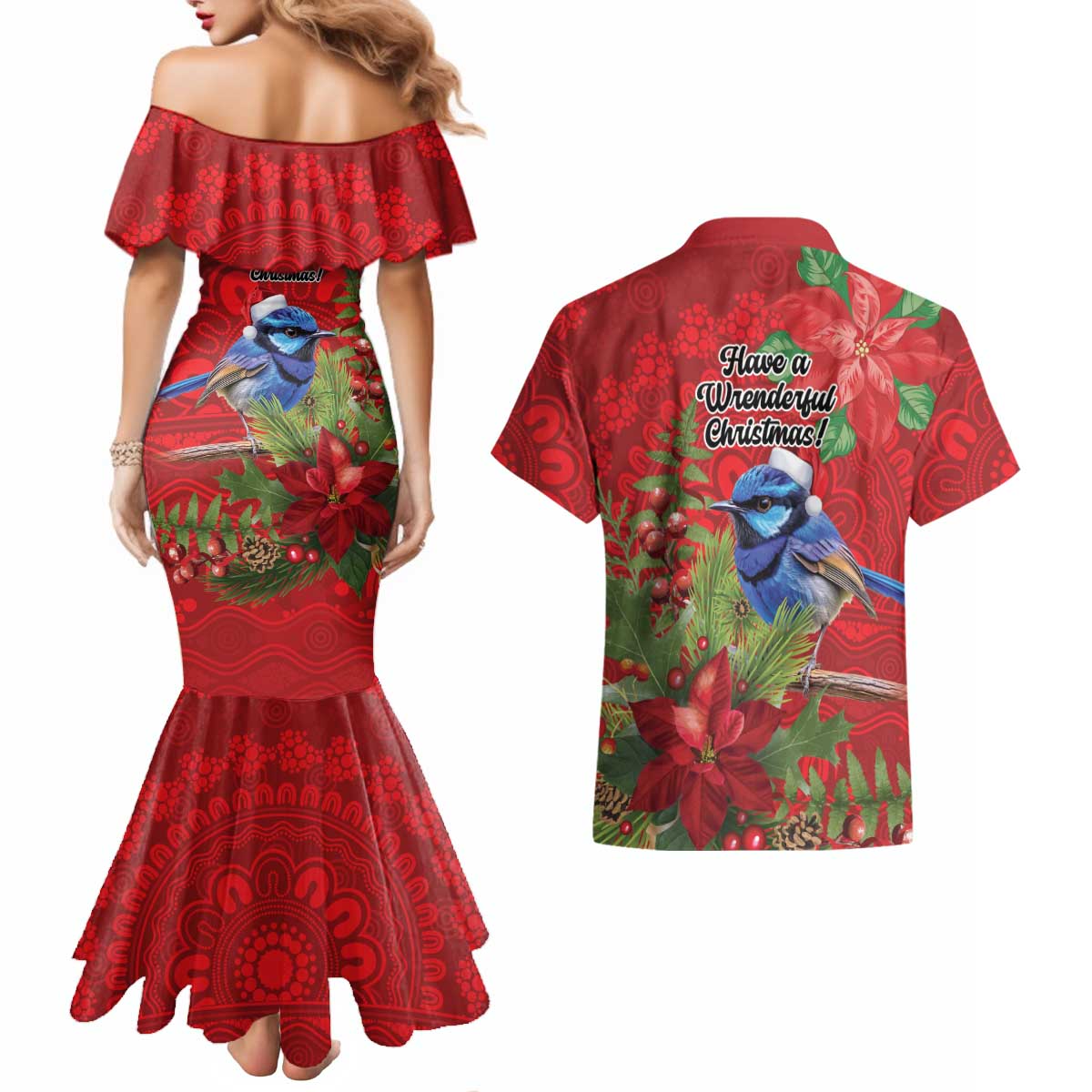 Aussie Superb Fairywren Bird Couples Matching Mermaid Dress and Hawaiian Shirt Aboriginal Inspired Christmas - Aussie Hoodie
