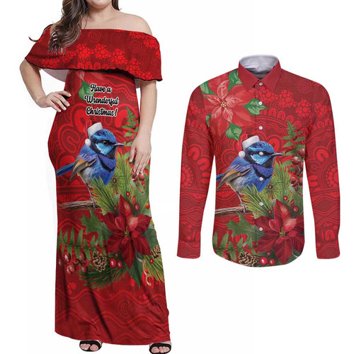 Aussie Superb Fairywren Bird Couples Matching Off Shoulder Maxi Dress and Long Sleeve Button Shirt Aboriginal Inspired Christmas - Aussie Hoodie