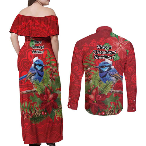 Aussie Superb Fairywren Bird Couples Matching Off Shoulder Maxi Dress and Long Sleeve Button Shirt Aboriginal Inspired Christmas - Aussie Hoodie