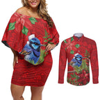 Aussie Superb Fairywren Bird Couples Matching Off Shoulder Short Dress and Long Sleeve Button Shirt Aboriginal Inspired Christmas - Aussie Hoodie