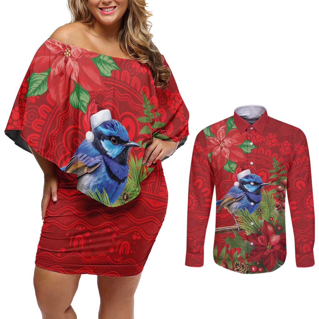 Aussie Superb Fairywren Bird Couples Matching Off Shoulder Short Dress and Long Sleeve Button Shirt Aboriginal Inspired Christmas - Aussie Hoodie
