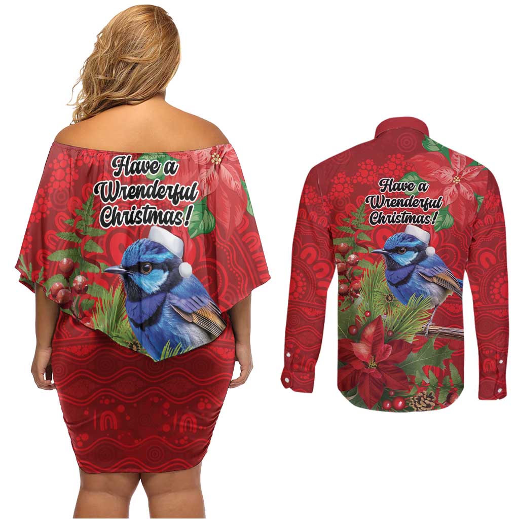 Aussie Superb Fairywren Bird Couples Matching Off Shoulder Short Dress and Long Sleeve Button Shirt Aboriginal Inspired Christmas - Aussie Hoodie