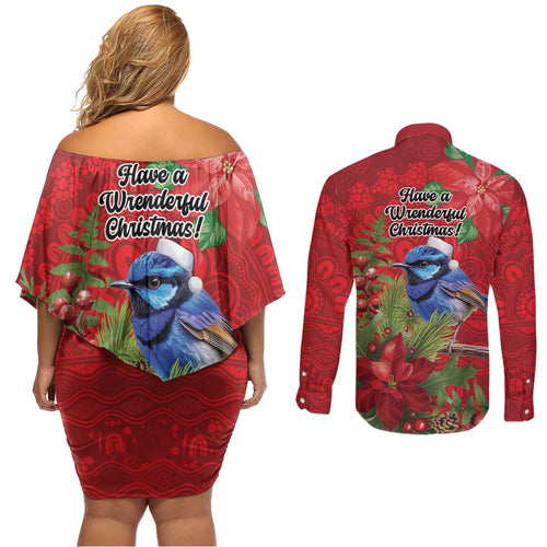 Aussie Superb Fairywren Bird Couples Matching Off Shoulder Short Dress and Long Sleeve Button Shirt Aboriginal Inspired Christmas - Aussie Hoodie