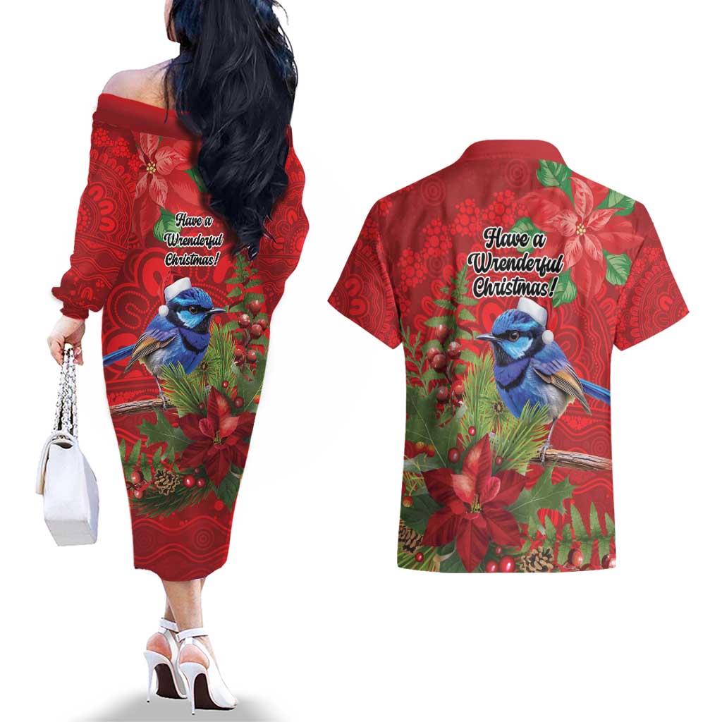 Aussie Superb Fairywren Bird Couples Matching Off The Shoulder Long Sleeve Dress and Hawaiian Shirt Aboriginal Inspired Christmas - Aussie Hoodie