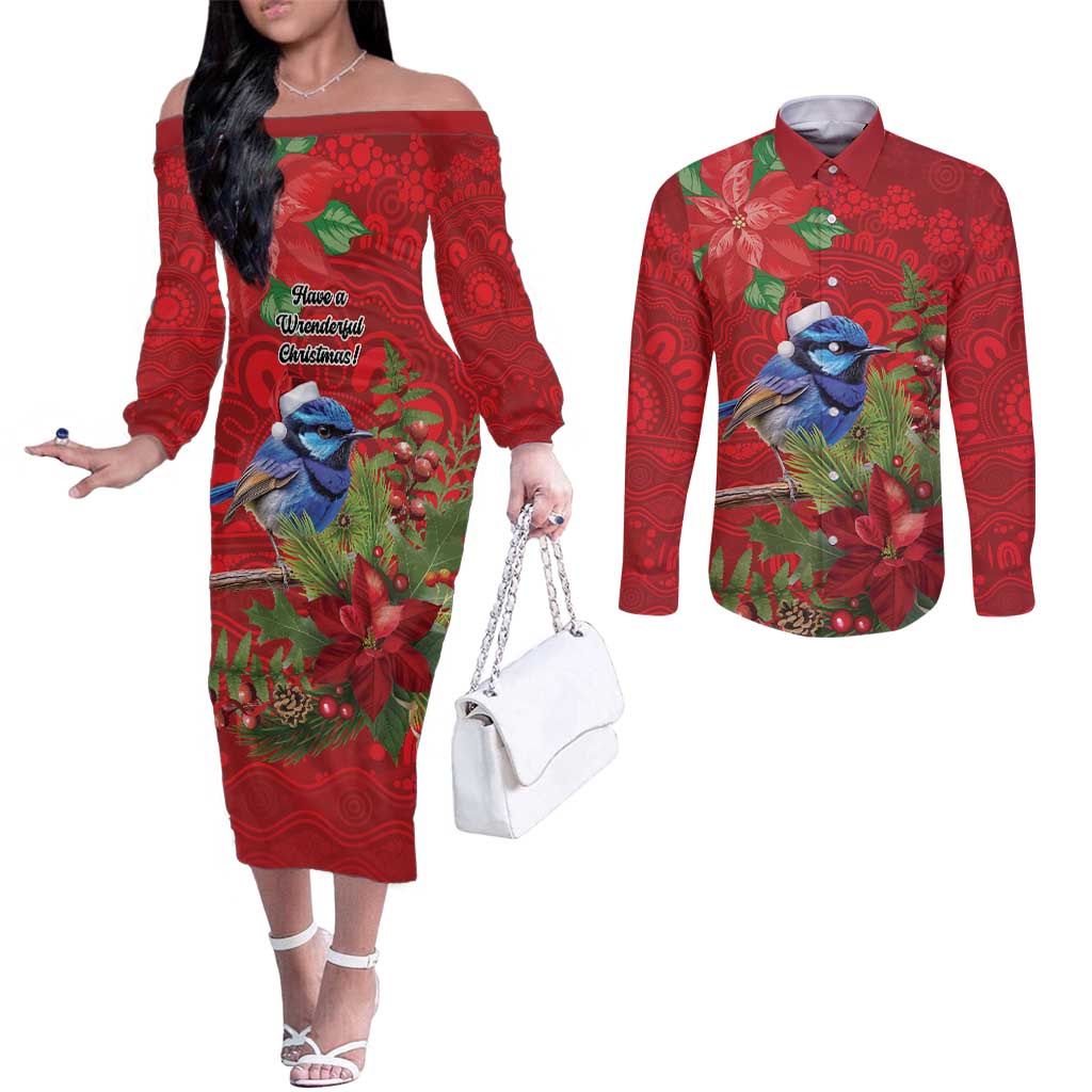 Aussie Superb Fairywren Bird Couples Matching Off The Shoulder Long Sleeve Dress and Long Sleeve Button Shirt Aboriginal Inspired Christmas - Aussie Hoodie
