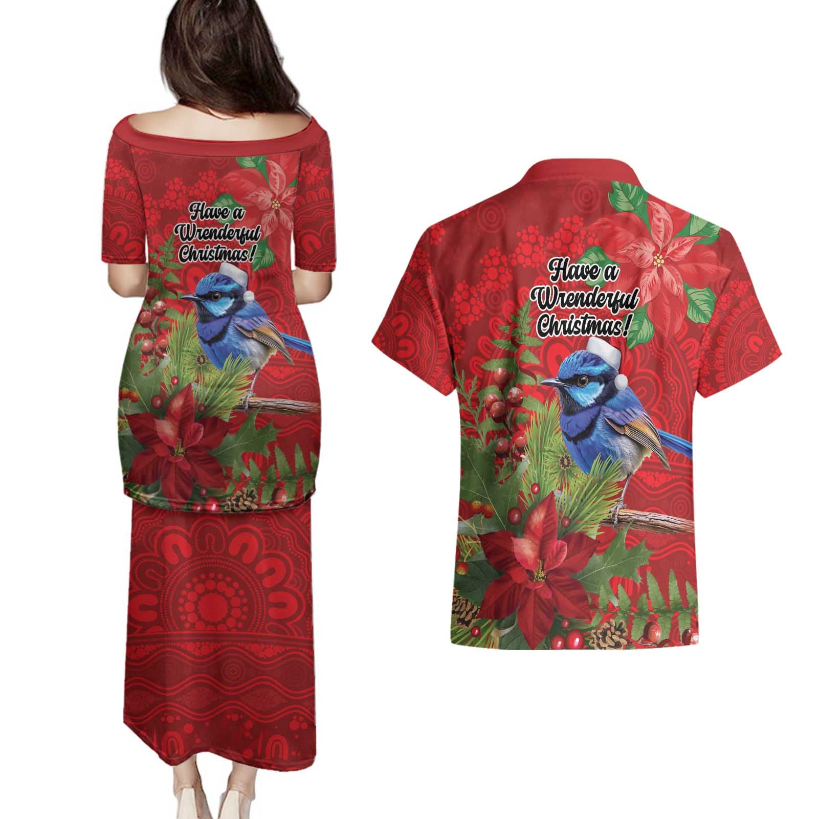 Aussie Superb Fairywren Bird Couples Matching Puletasi and Hawaiian Shirt Aboriginal Inspired Christmas - Aussie Hoodie