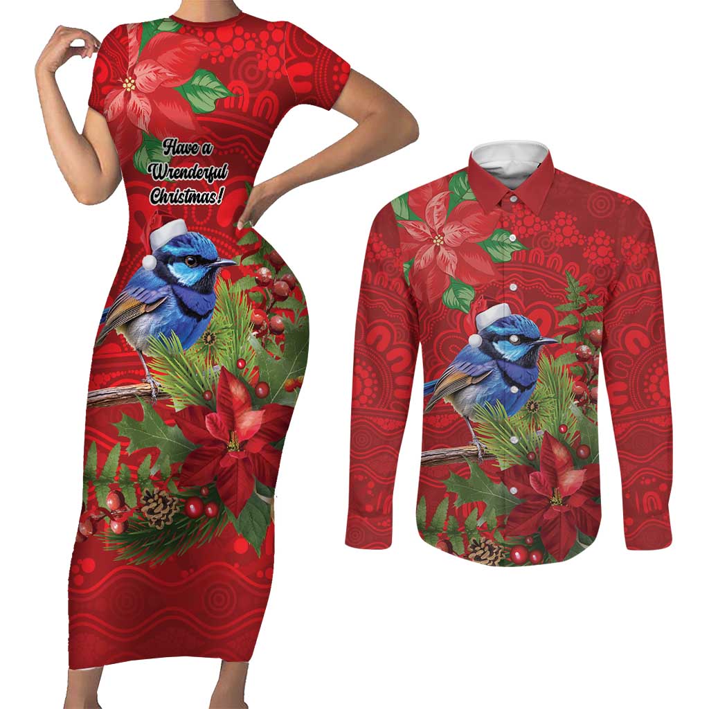 Aussie Superb Fairywren Bird Couples Matching Short Sleeve Bodycon Dress and Long Sleeve Button Shirt Aboriginal Inspired Christmas - Aussie Hoodie