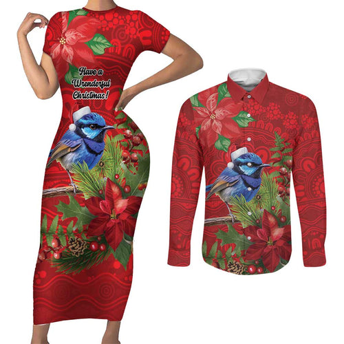 Aussie Superb Fairywren Bird Couples Matching Short Sleeve Bodycon Dress and Long Sleeve Button Shirt Aboriginal Inspired Christmas - Aussie Hoodie