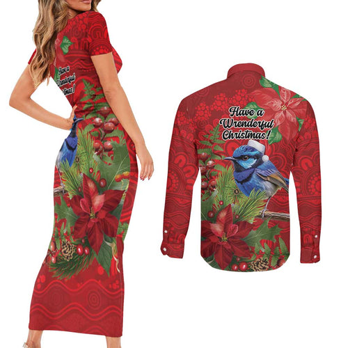 Aussie Superb Fairywren Bird Couples Matching Short Sleeve Bodycon Dress and Long Sleeve Button Shirt Aboriginal Inspired Christmas - Aussie Hoodie