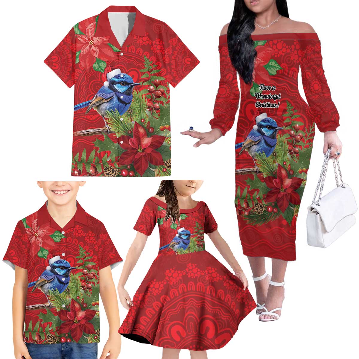 Aussie Superb Fairywren Bird Family Matching Off The Shoulder Long Sleeve Dress and Hawaiian Shirt Aboriginal Inspired Christmas - Aussie Hoodie
