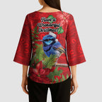 Aussie Superb Fairywren Bird Kimono Sleeve Blouse Aboriginal Inspired Christmas - Aussie Hoodie