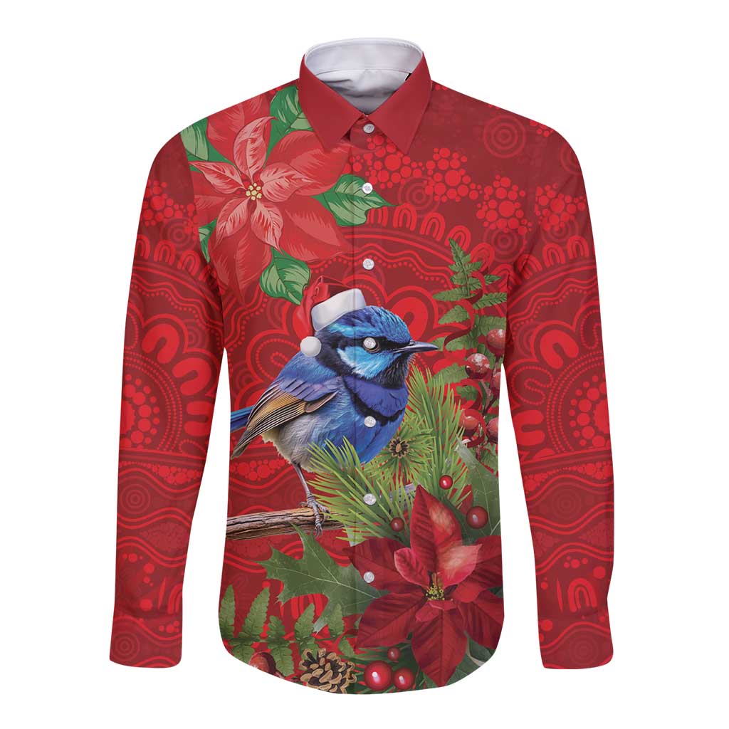Aussie Superb Fairywren Bird Long Sleeve Button Shirt Aboriginal Inspired Christmas - Aussie Hoodie
