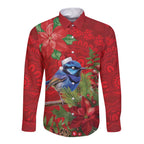 Aussie Superb Fairywren Bird Long Sleeve Button Shirt Aboriginal Inspired Christmas - Aussie Hoodie