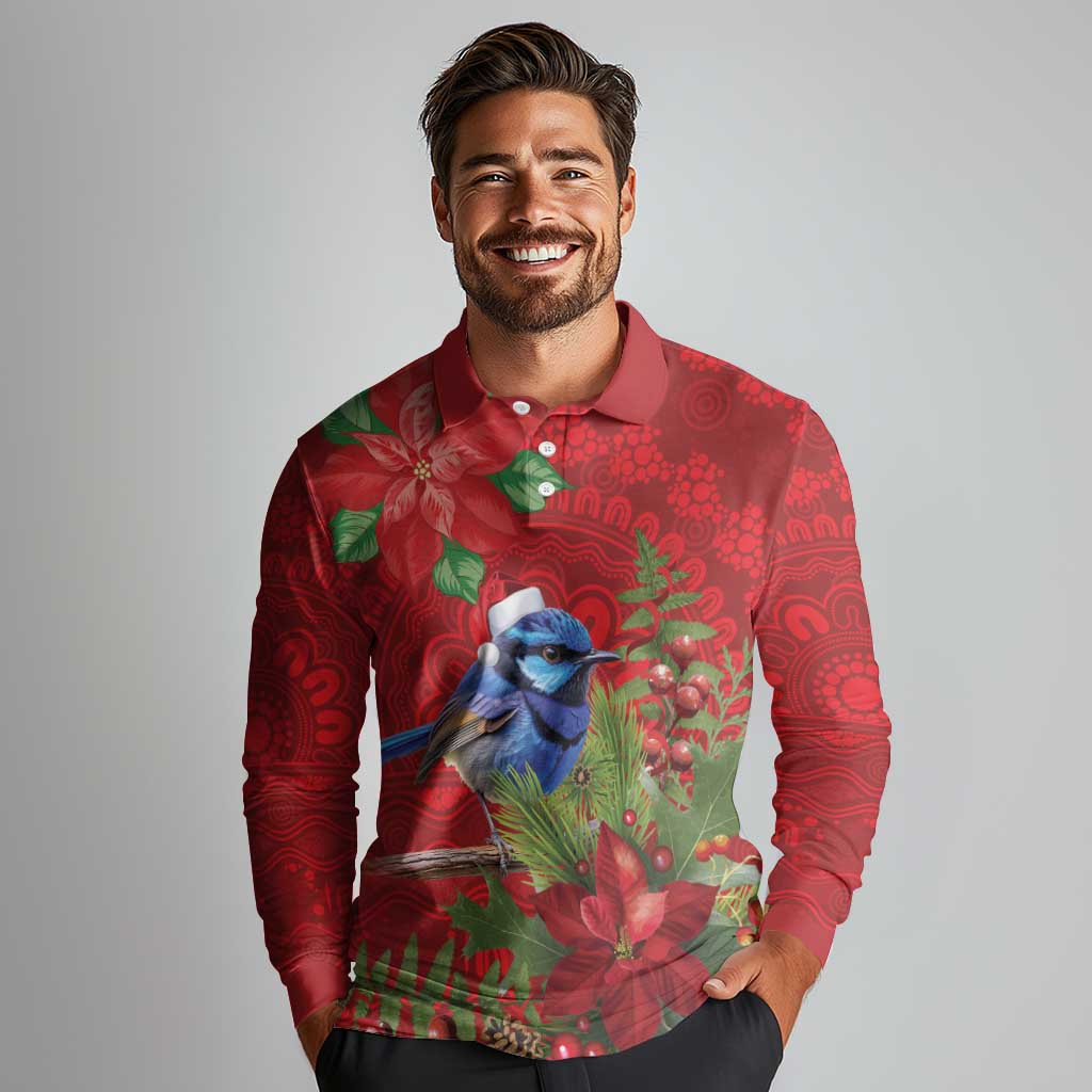 Aussie Superb Fairywren Bird Long Sleeve Polo Shirt Aboriginal Inspired Christmas - Aussie Hoodie