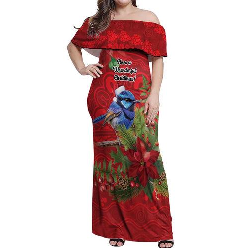 Aussie Superb Fairywren Bird Off Shoulder Maxi Dress Aboriginal Inspired Christmas - Aussie Hoodie