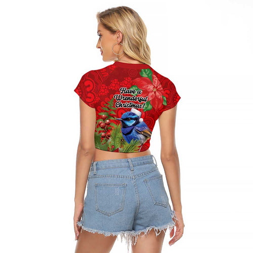 Aussie Superb Fairywren Bird Raglan Cropped T Shirt Aboriginal Inspired Christmas - Aussie Hoodie