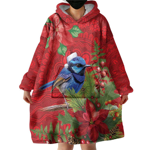 Aussie Superb Fairywren Bird Wearable Blanket Hoodie Aboriginal Inspired Christmas - Aussie Hoodie