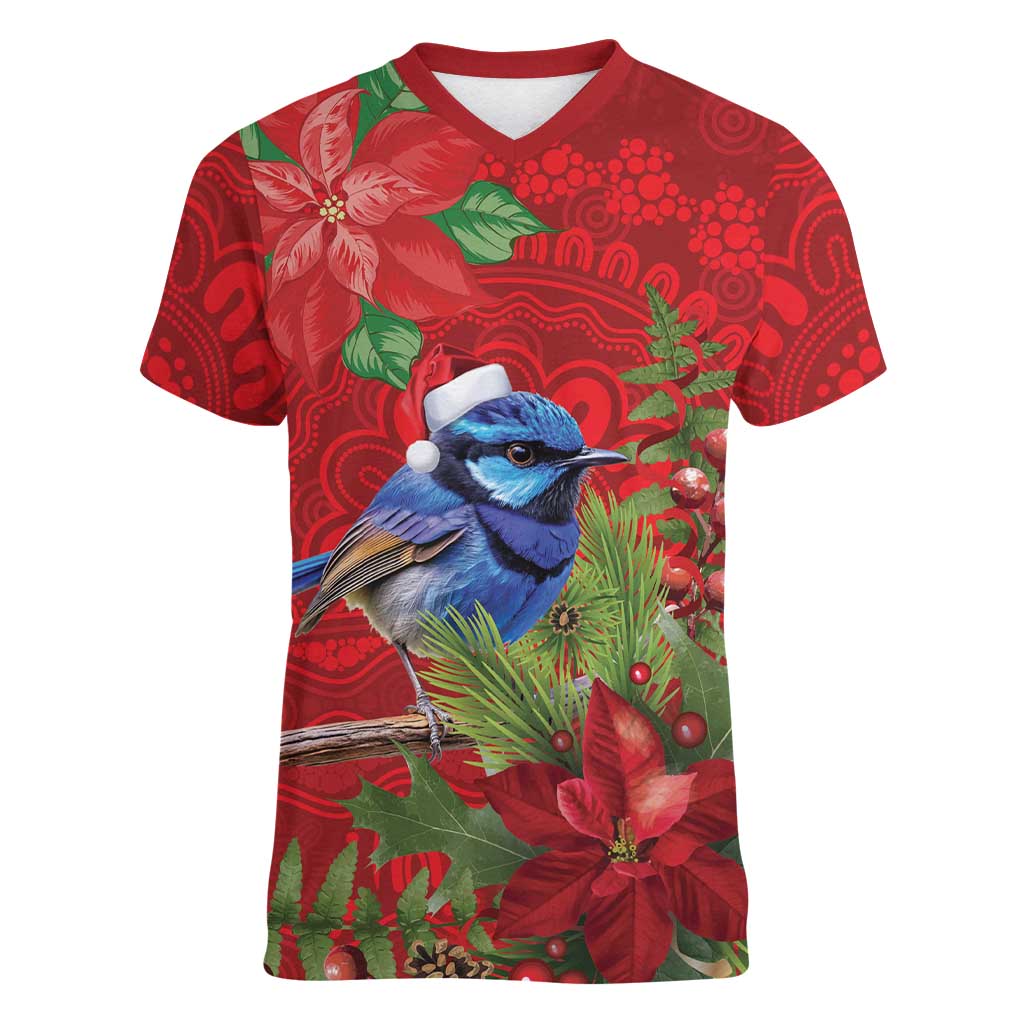 Aussie Superb Fairywren Bird Women V-Neck T-Shirt Aboriginal Inspired Christmas - Aussie Hoodie