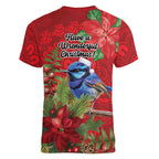 Aussie Superb Fairywren Bird Women V-Neck T-Shirt Aboriginal Inspired Christmas - Aussie Hoodie