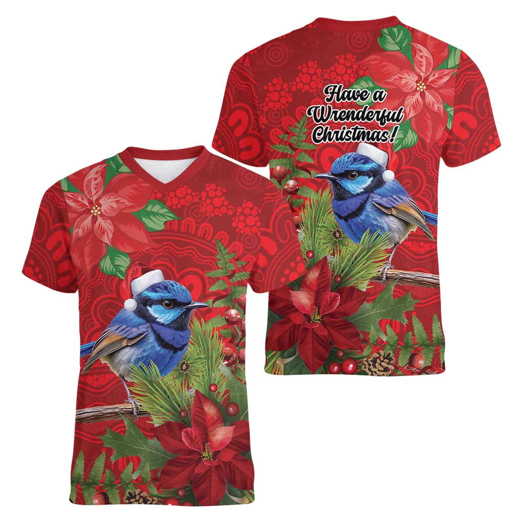 Aussie Superb Fairywren Bird Women V-Neck T-Shirt Aboriginal Inspired Christmas - Aussie Hoodie