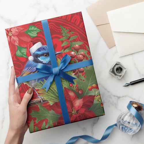 Aussie Superb Fairywren Bird Wrapping Paper Aboriginal Inspired Christmas - Aussie Hoodie