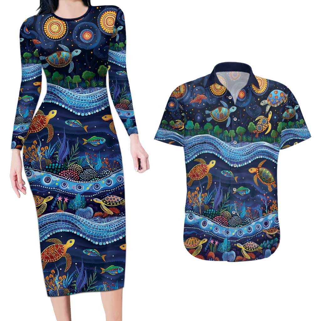 Australian Landscapes Couples Matching Long Sleeve Bodycon Dress and Hawaiian Shirt Aboriginal Dreamtime Story