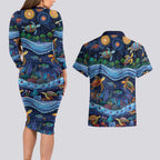 Australian Landscapes Couples Matching Long Sleeve Bodycon Dress and Hawaiian Shirt Aboriginal Dreamtime Story
