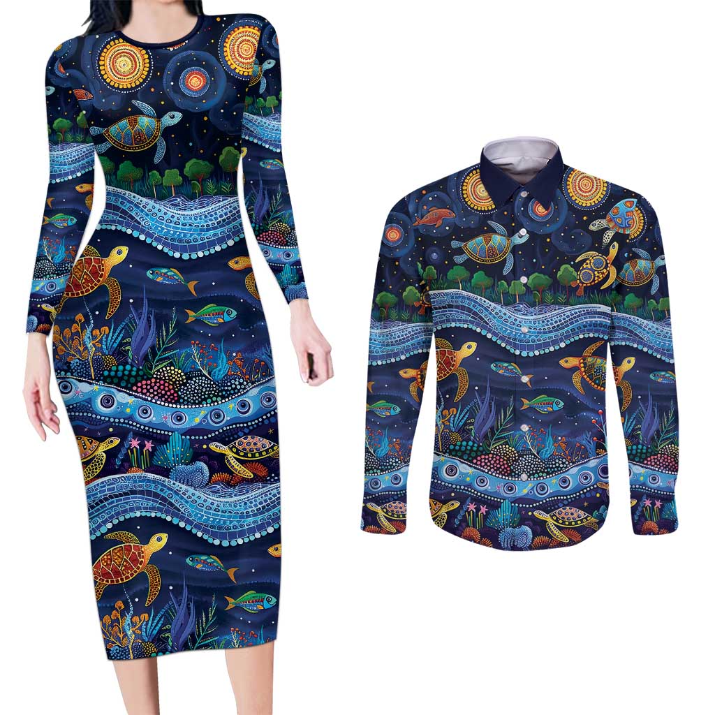 Australian Landscapes Couples Matching Long Sleeve Bodycon Dress and Long Sleeve Button Shirt Aboriginal Dreamtime Story