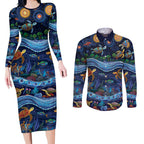 Australian Landscapes Couples Matching Long Sleeve Bodycon Dress and Long Sleeve Button Shirt Aboriginal Dreamtime Story