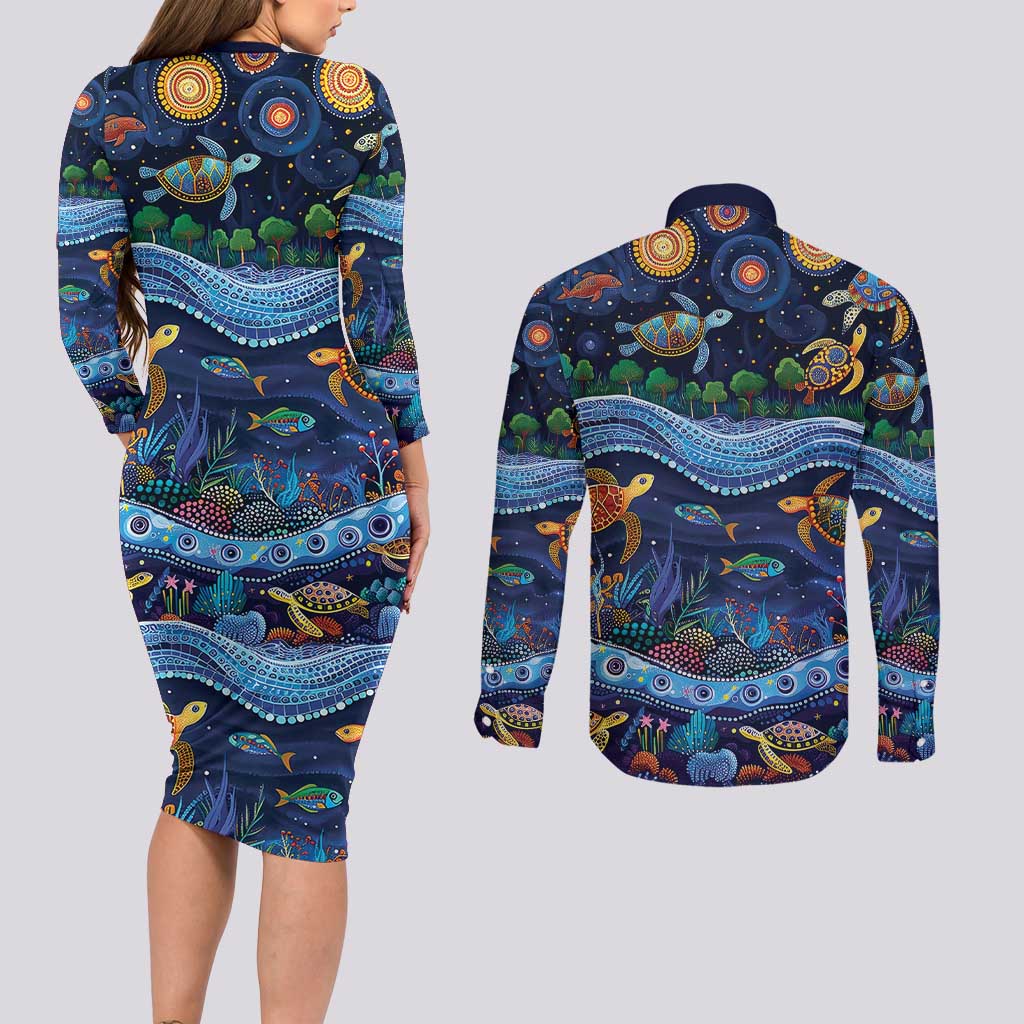 Australian Landscapes Couples Matching Long Sleeve Bodycon Dress and Long Sleeve Button Shirt Aboriginal Dreamtime Story