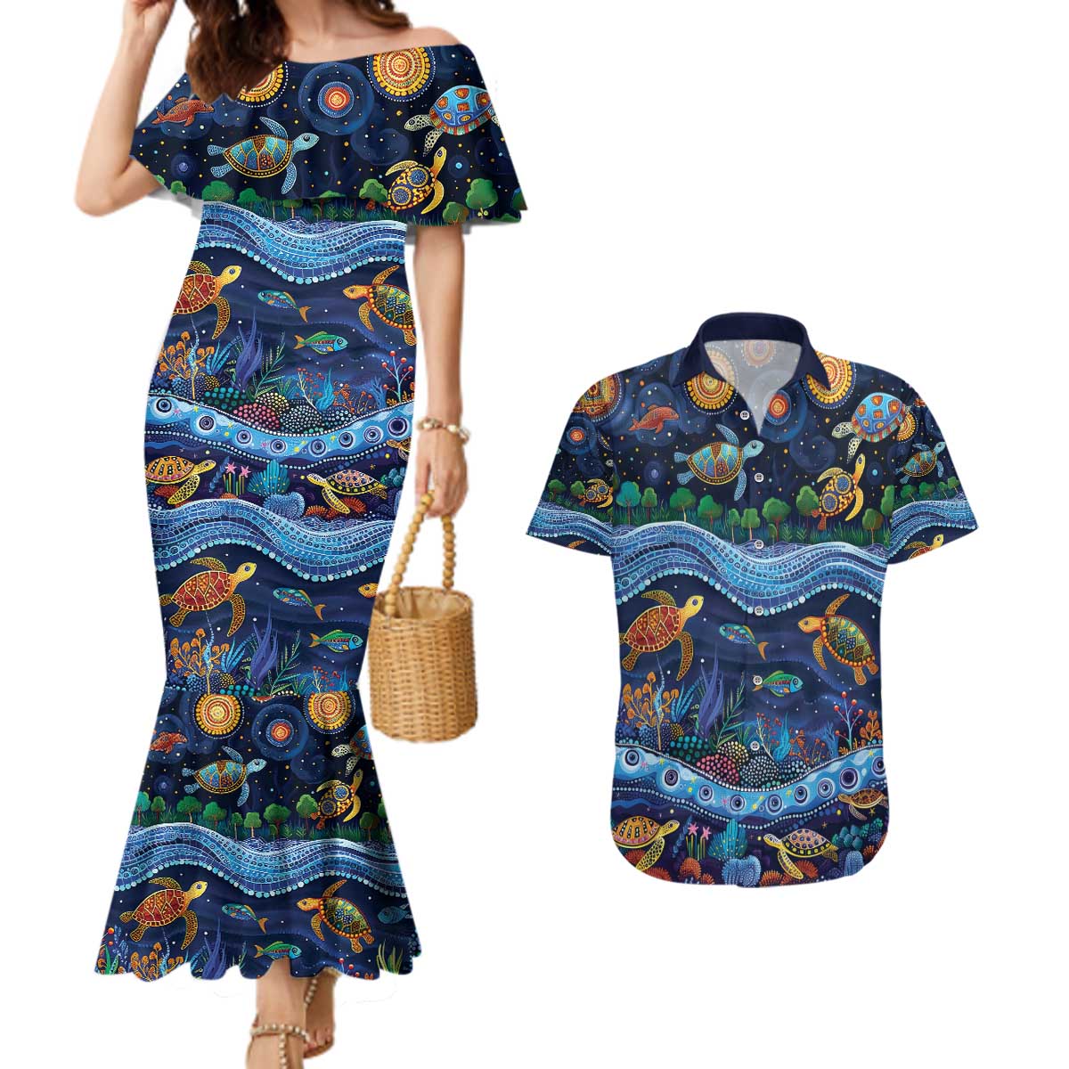 Australian Landscapes Couples Matching Mermaid Dress and Hawaiian Shirt Aboriginal Dreamtime Story