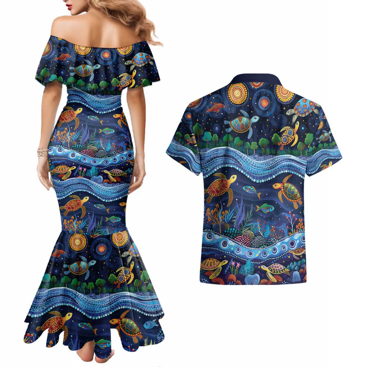 Australian Landscapes Couples Matching Mermaid Dress and Hawaiian Shirt Aboriginal Dreamtime Story