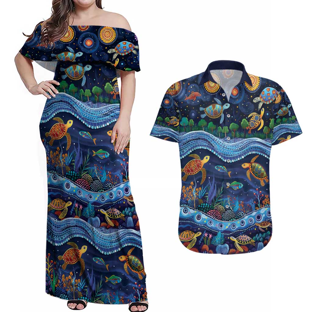 Australian Landscapes Couples Matching Off Shoulder Maxi Dress and Hawaiian Shirt Aboriginal Dreamtime Story