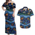 Australian Landscapes Couples Matching Off Shoulder Maxi Dress and Hawaiian Shirt Aboriginal Dreamtime Story