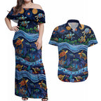 Australian Landscapes Couples Matching Off Shoulder Maxi Dress and Hawaiian Shirt Aboriginal Dreamtime Story