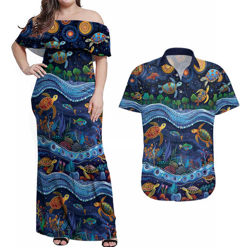 Australian Landscapes Couples Matching Off Shoulder Maxi Dress and Hawaiian Shirt Aboriginal Dreamtime Story