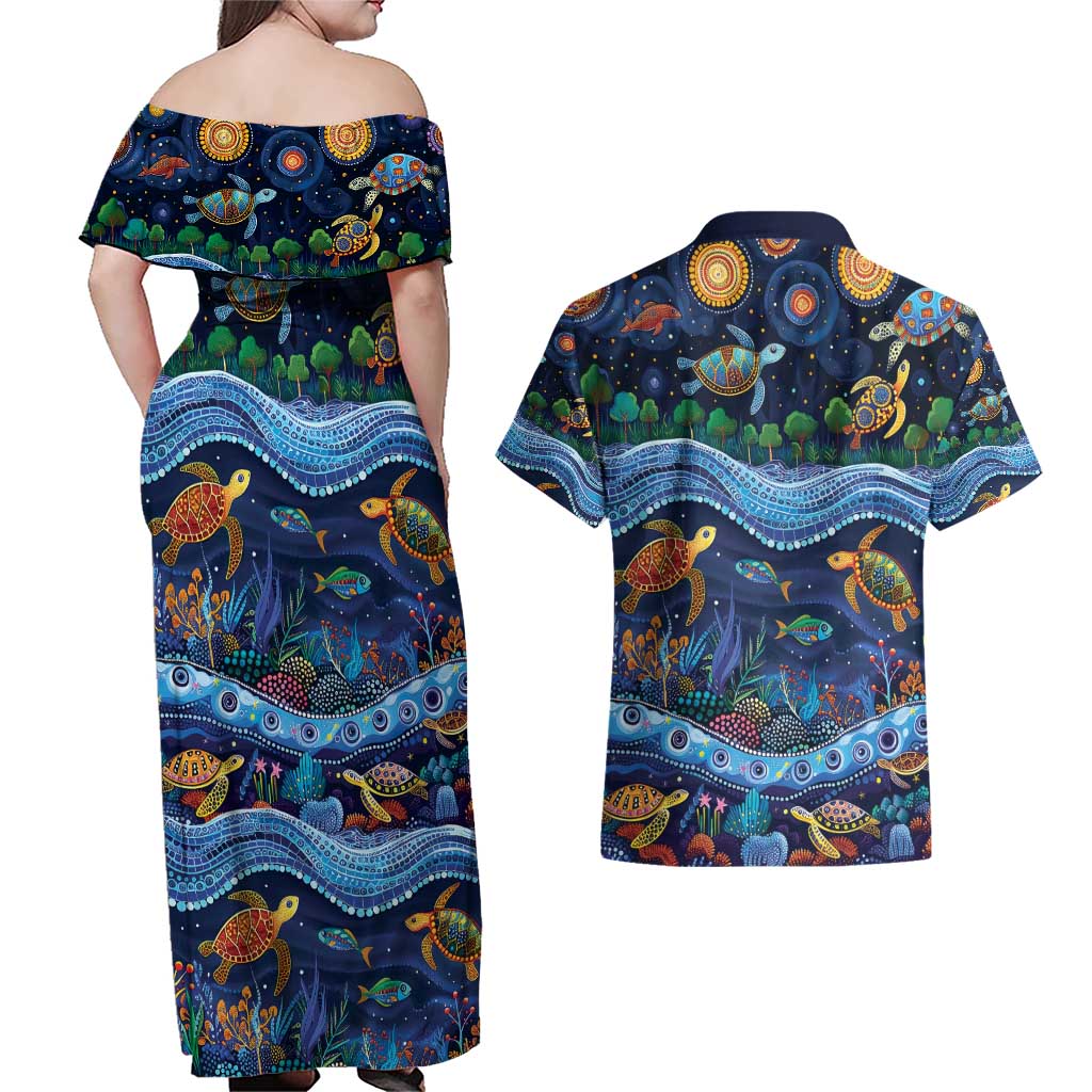 Australian Landscapes Couples Matching Off Shoulder Maxi Dress and Hawaiian Shirt Aboriginal Dreamtime Story