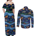 Australian Landscapes Couples Matching Off Shoulder Maxi Dress and Long Sleeve Button Shirt Aboriginal Dreamtime Story