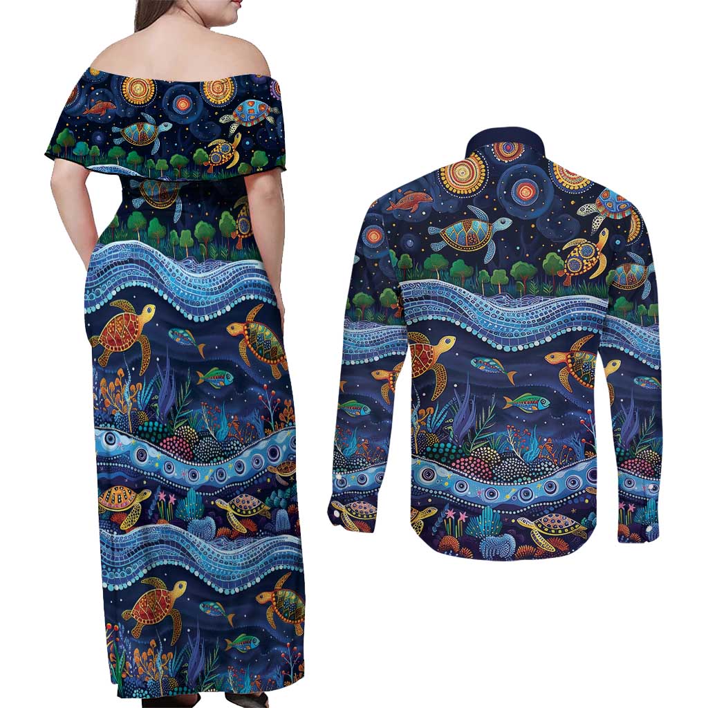 Australian Landscapes Couples Matching Off Shoulder Maxi Dress and Long Sleeve Button Shirt Aboriginal Dreamtime Story