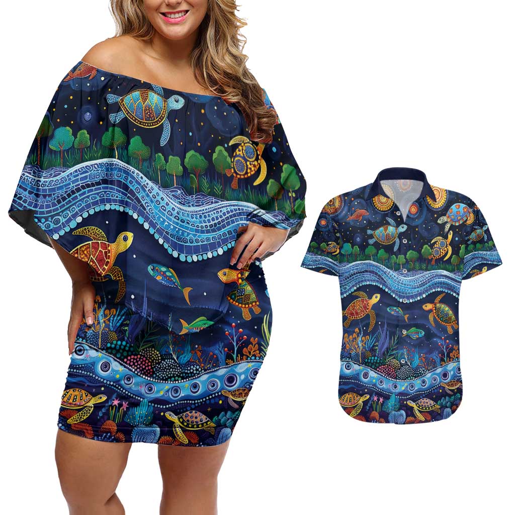 Australian Landscapes Couples Matching Off Shoulder Short Dress and Hawaiian Shirt Aboriginal Dreamtime Story