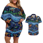 Australian Landscapes Couples Matching Off Shoulder Short Dress and Hawaiian Shirt Aboriginal Dreamtime Story