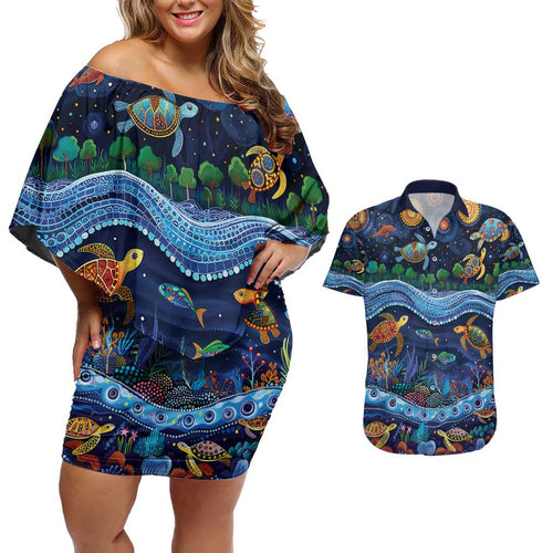 Australian Landscapes Couples Matching Off Shoulder Short Dress and Hawaiian Shirt Aboriginal Dreamtime Story