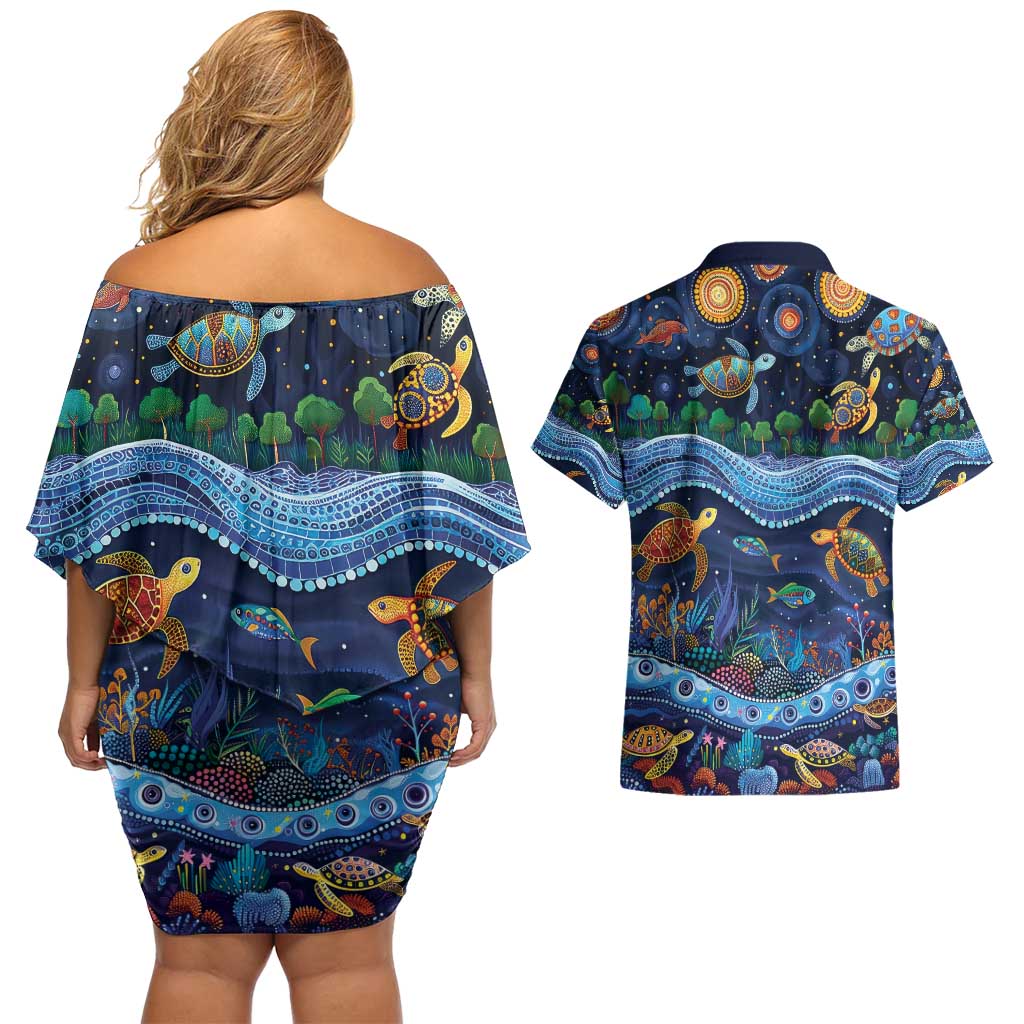 Australian Landscapes Couples Matching Off Shoulder Short Dress and Hawaiian Shirt Aboriginal Dreamtime Story