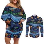 Australian Landscapes Couples Matching Off Shoulder Short Dress and Long Sleeve Button Shirt Aboriginal Dreamtime Story