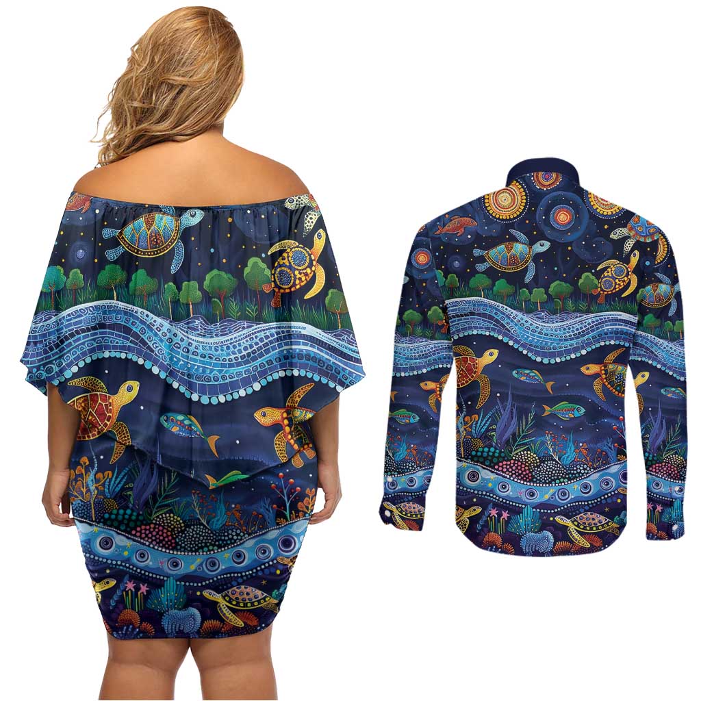 Australian Landscapes Couples Matching Off Shoulder Short Dress and Long Sleeve Button Shirt Aboriginal Dreamtime Story