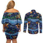 Australian Landscapes Couples Matching Off Shoulder Short Dress and Long Sleeve Button Shirt Aboriginal Dreamtime Story