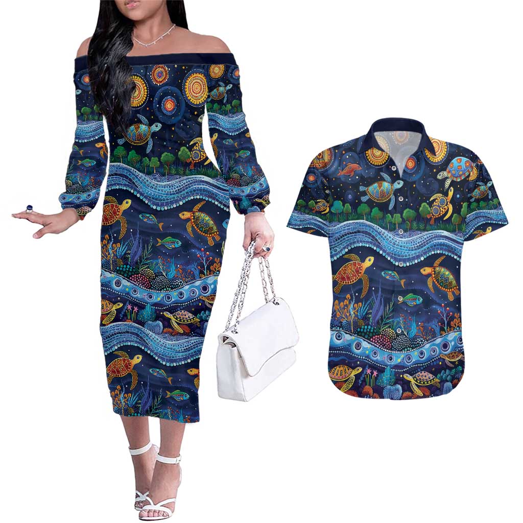 Australian Landscapes Couples Matching Off The Shoulder Long Sleeve Dress and Hawaiian Shirt Aboriginal Dreamtime Story