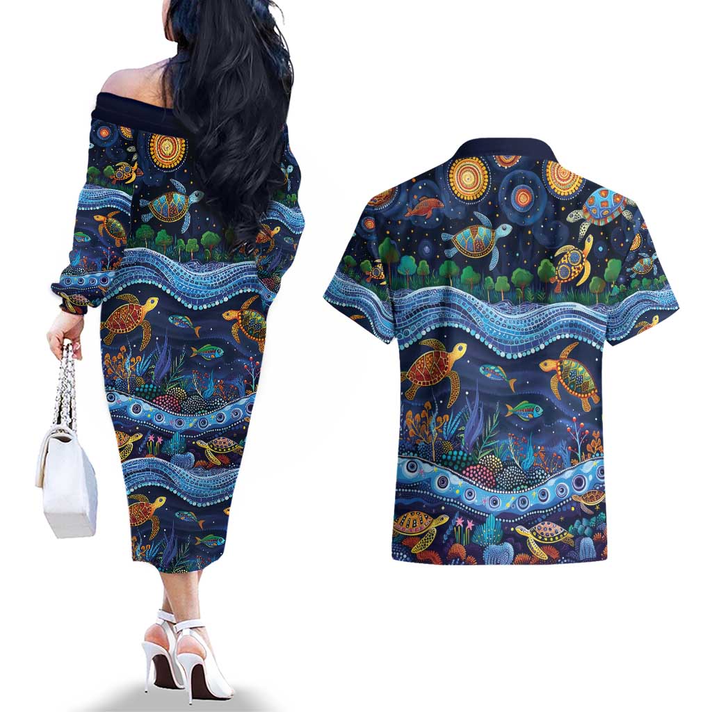 Australian Landscapes Couples Matching Off The Shoulder Long Sleeve Dress and Hawaiian Shirt Aboriginal Dreamtime Story